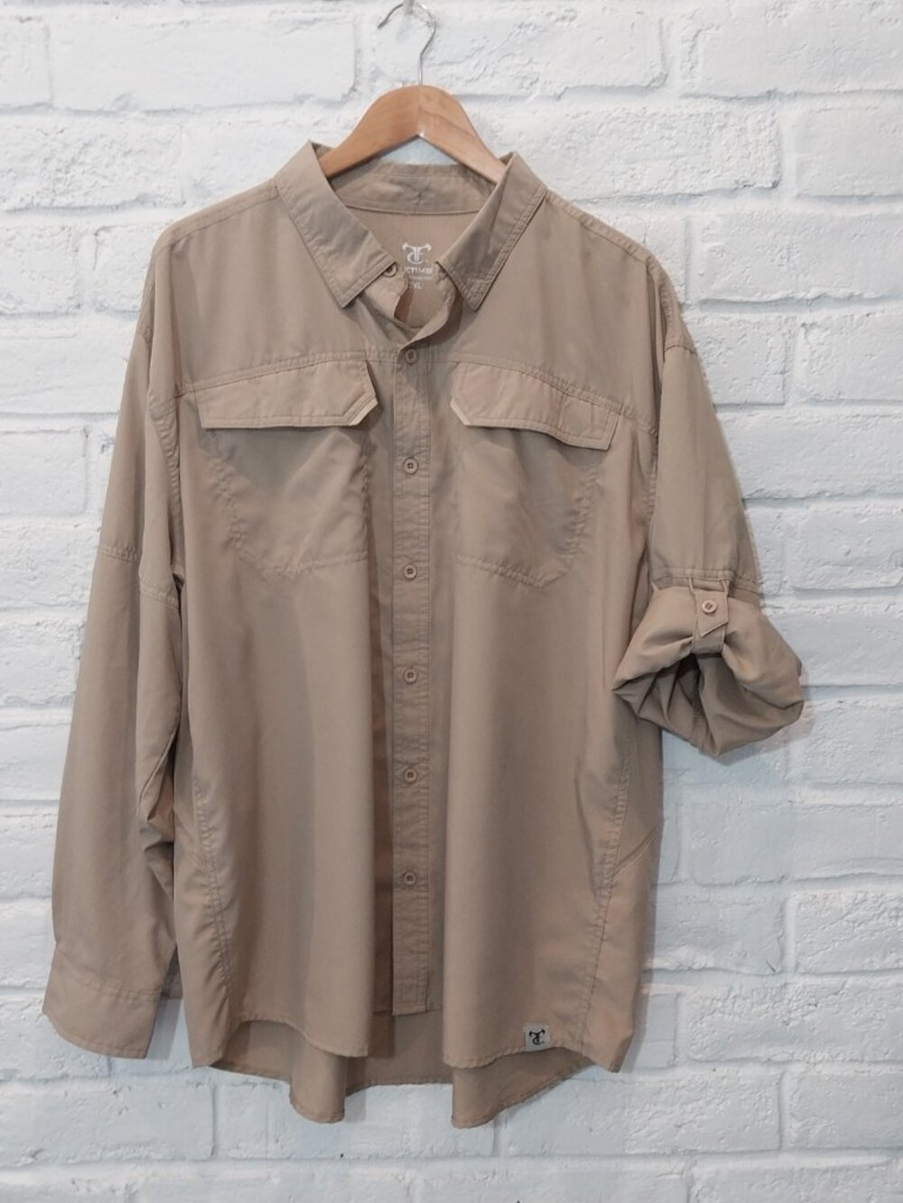 TrueTimber Vented Shirt Men 2XL Beige Solid Khaki Long Roll Tab Sleeve Button Up